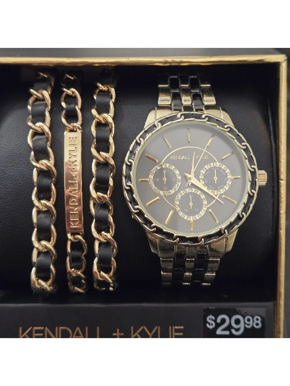 Kendall Kylie Gold Black Tone Watch Bracelet Set Womens Multi Strand New In Box